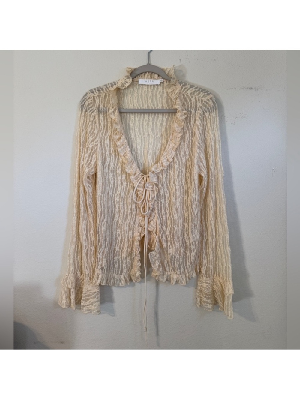 Sheer Ruffle Tie-Front Blouse in Cream - Picture 4 of 4